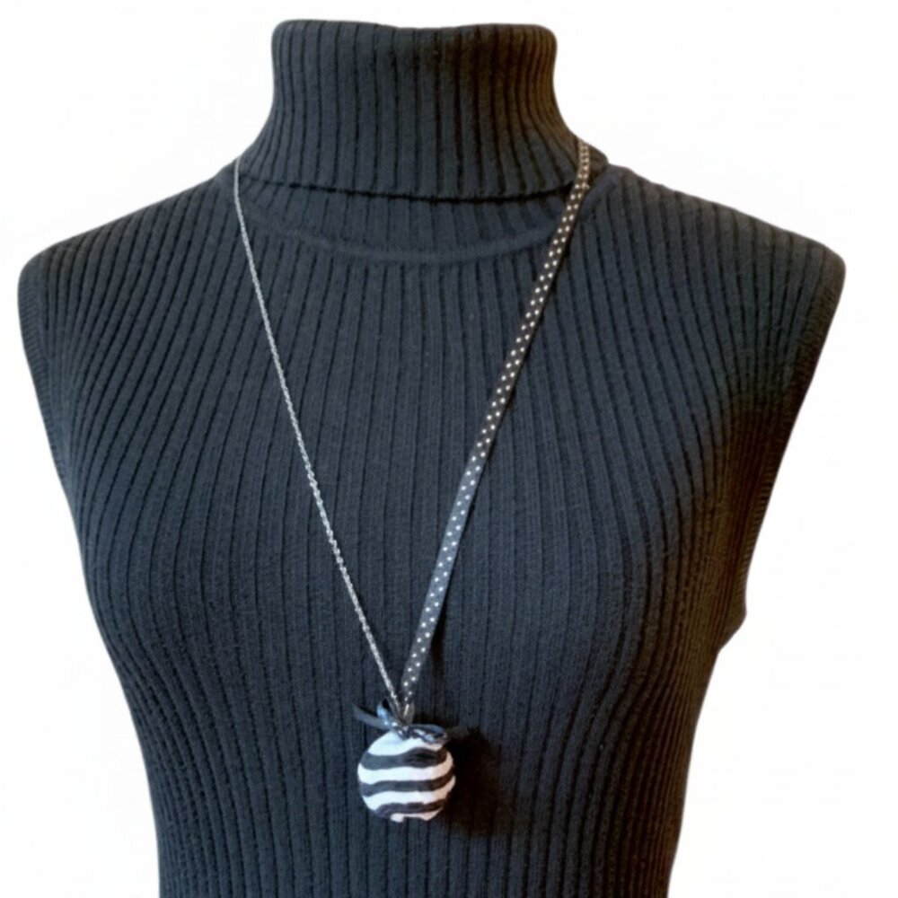 Handmade Long necklace with fabric Zebra B&W pompom Pendant - ribbon